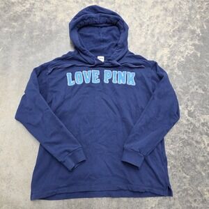 VTG Y2K Love Pink Victoria Secret Hoodie‎ Womens Blue Pullover Graphic